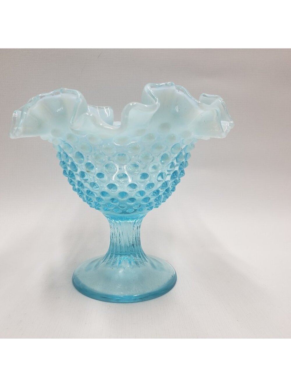 Hobnail Pedestal Compote Bowl  Blue Opalescent Ruffled Dish  5.5 x 6 Inch